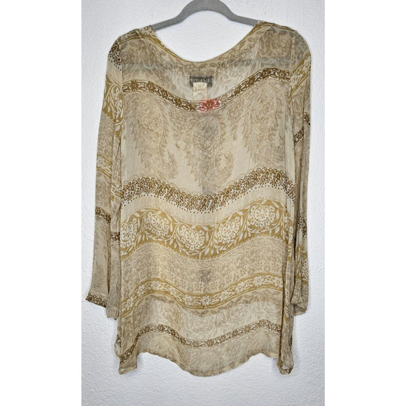 Vintage Lili Crepon Womens Top Plus 1 Tan Floral Sheer Button Up Blouse Shirt - Picture 6 of 10